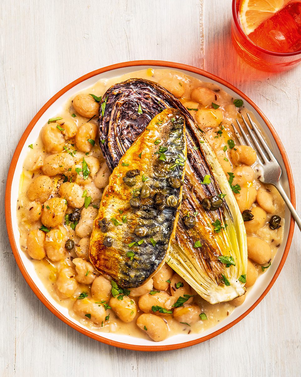 Pan-fried mackerel and caramelised radicchio with crushed butter beans - delicious. magazine