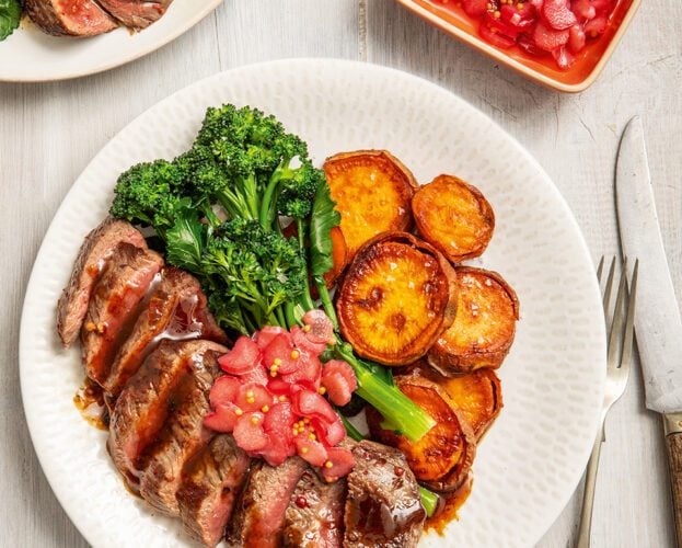 Venison steaks with sweet potato fries and pickled rhubarb