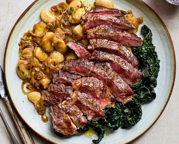 Steak and french onion beans