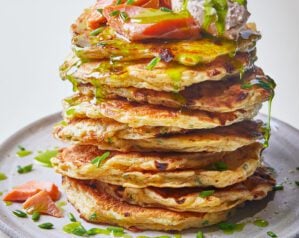 Cottage cheese and chive pancakes with hot-smoked trout