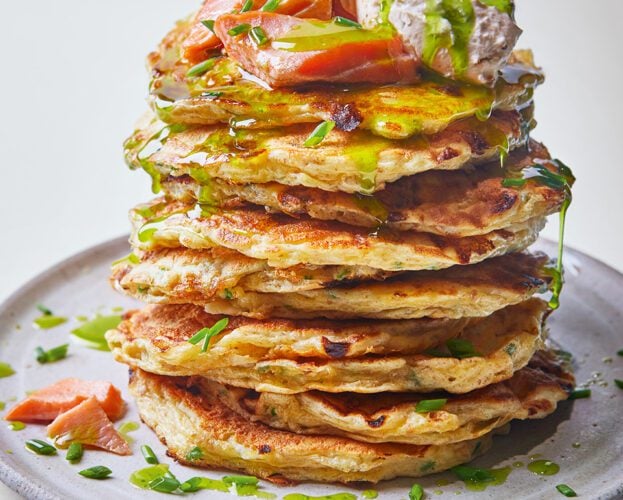 Cottage cheese and chive pancakes with hot-smoked trout