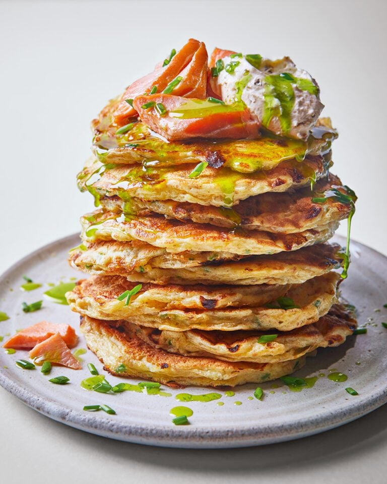 Cottage cheese and chive pancakes with hot-smoked trout