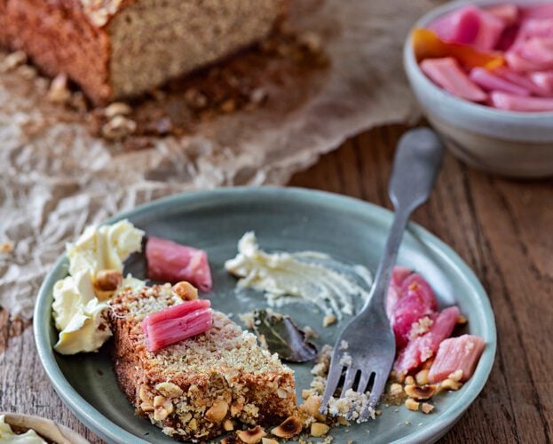 Bay, rye and hazelnut loaf cake with poached rhubarb