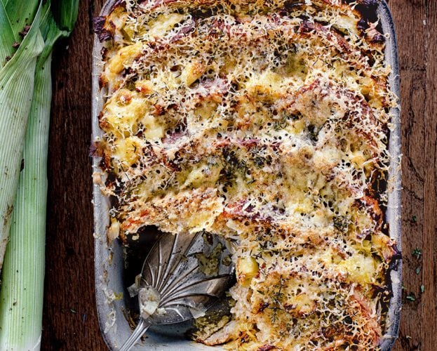 Leek bread and butter pudding