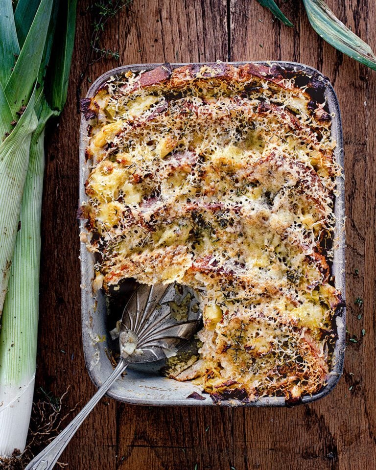 Leek bread and butter pudding
