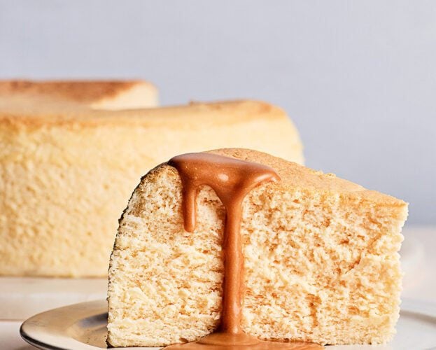 Japanese soufflé cheesecake with yuzu-caramel sauce
