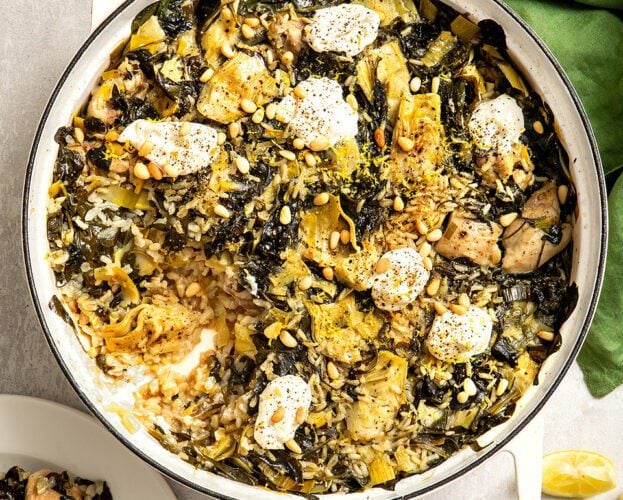Garlicky artichoke, spinach and chicken rice