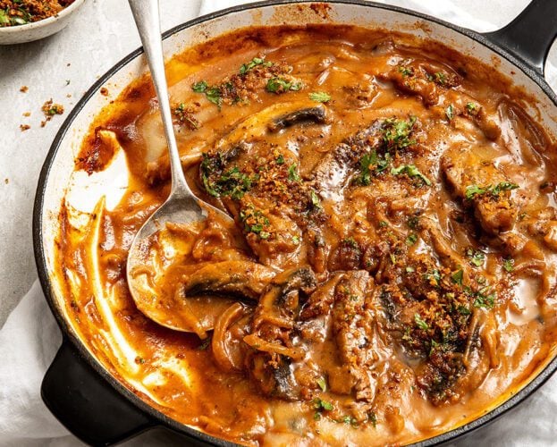Celeriac and beef stroganoff with crispy thyme crumbs