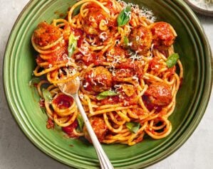 Mini sausage meatballs with spaghetti arrabbiata