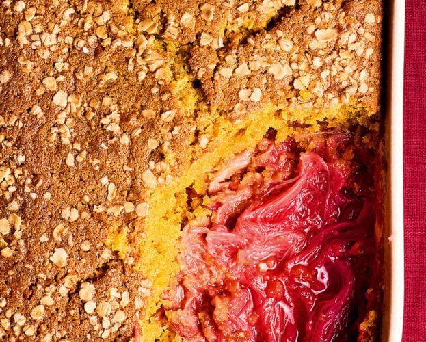Rhubarb and oat sponge pudding