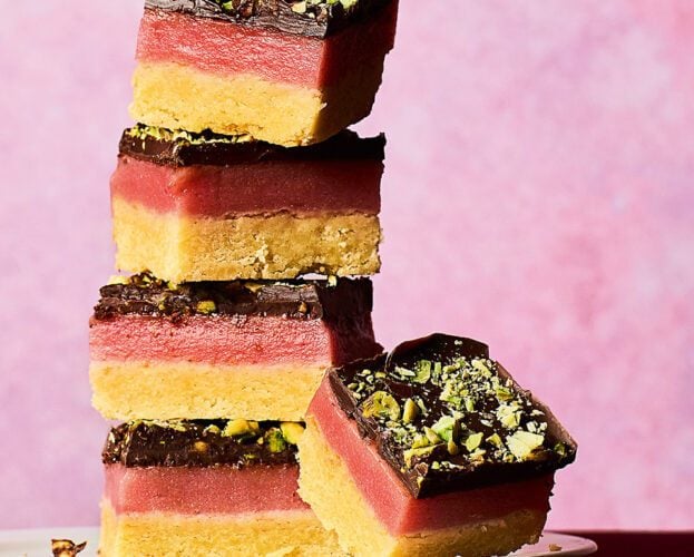 Rhubarb and pistachio millionaire's shortbread