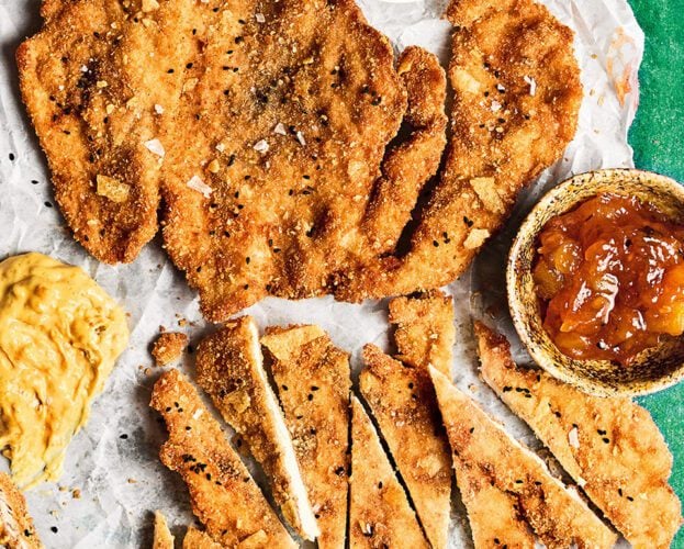 Poppadom chicken schnitzel with lime pickle mayo, mango chutney and mint yogurt