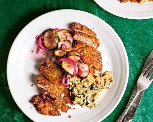 Curried pork schnitzel with devilled egg gribiche and pickles