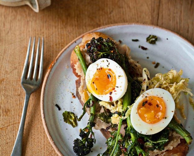 Charred purple sprouting broccoli on fried bread