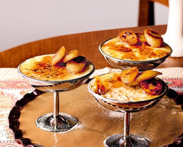 Rice pudding brûlée with caramel bananas
