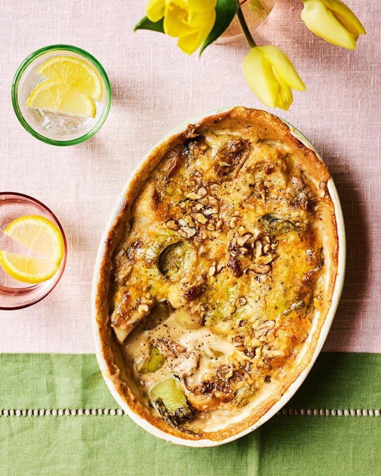 Four cheese, leek and walnut gratin