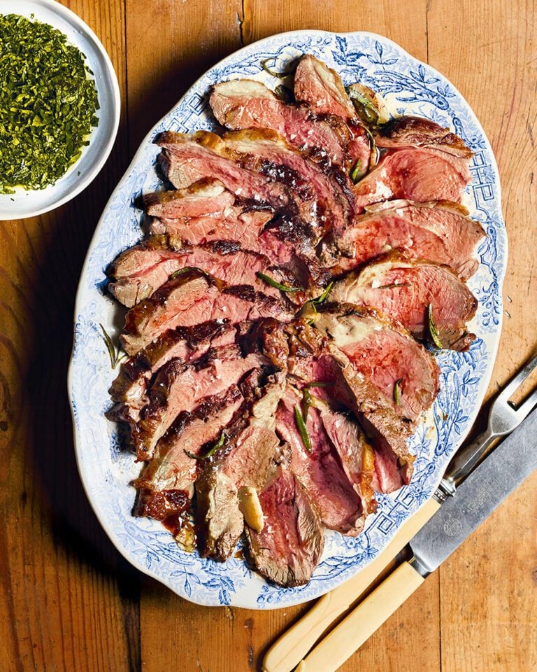 Lemon, garlic and rosemary leg of lamb with mint sauce