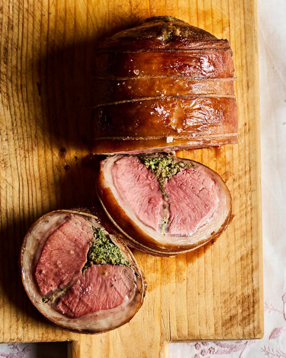 Lamb saddle stuffed with a herby chicken mousseline - delicious. magazine