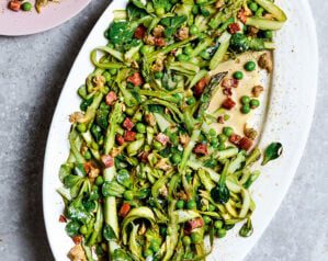 Asparagus, chorizo, pea and pickled cockle salad