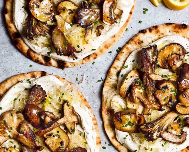 Whipped tofu, mushroom and sauerkraut flatbreads