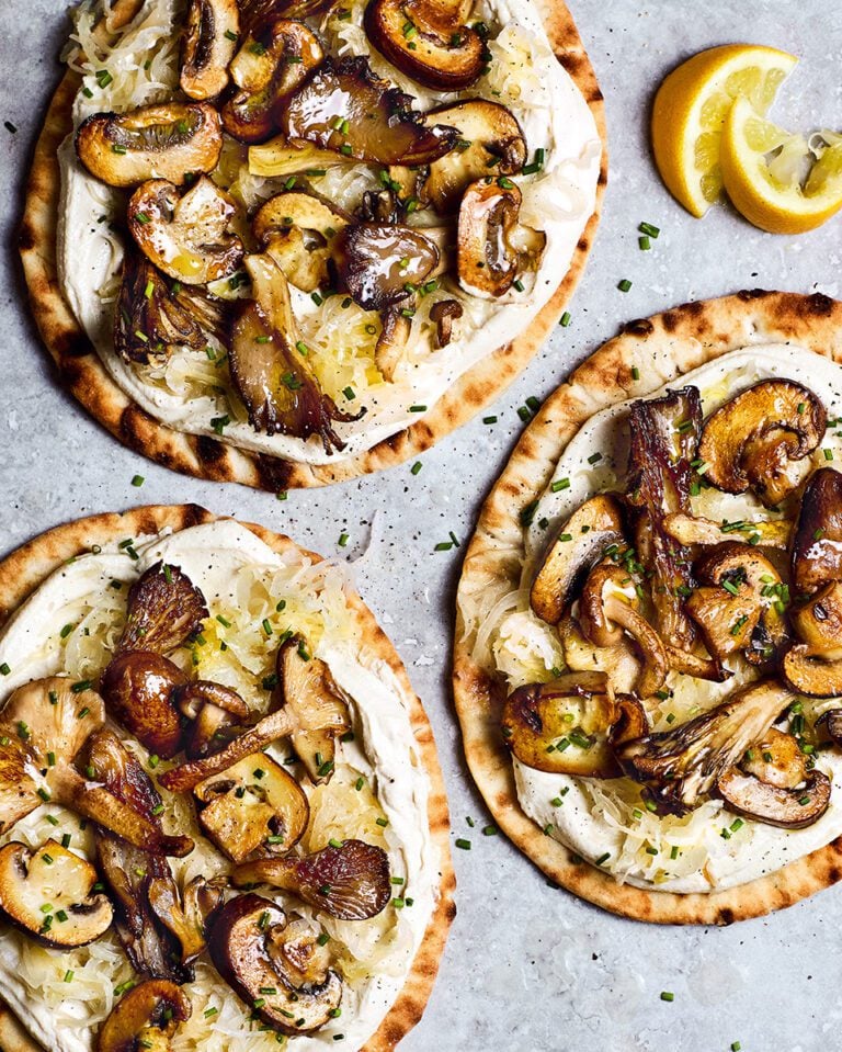 Whipped tofu, mushroom and sauerkraut flatbreads