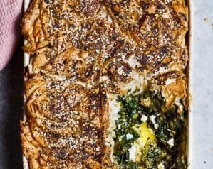 Greens and goat’s cheese ‘everything’ crinkle pie