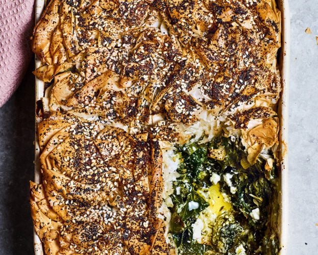 Greens and goat’s cheese filo crinkle pie
