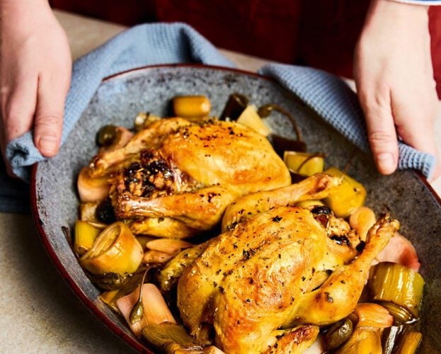 Poussins stuffed wit olives, capers and prunes