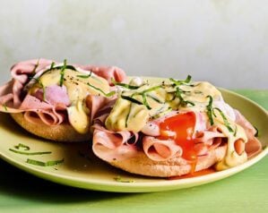 Eggs mortadella with wild garlic hollandaise