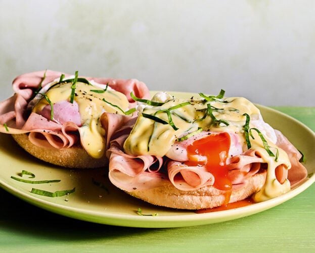 Eggs mortadella with wild garlic hollandaise
