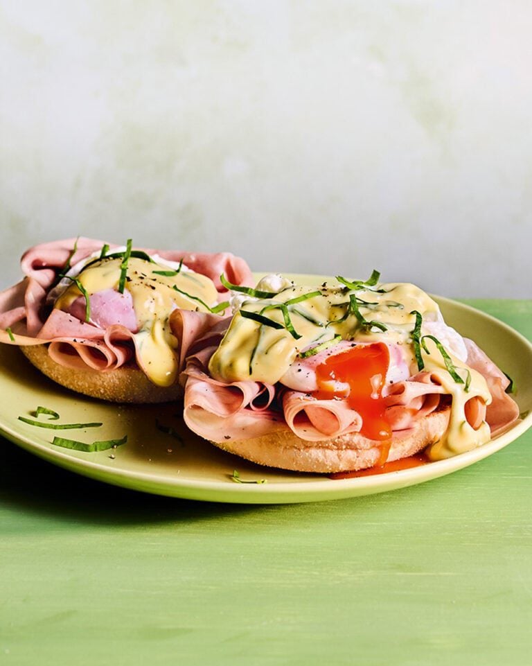 Eggs mortadella with wild garlic hollandaise