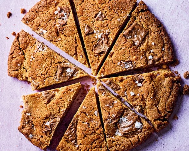 Giant peanut butter choc-chip cookie