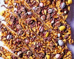 Mini eggs, chocolate and tahini Rice Krispie treats