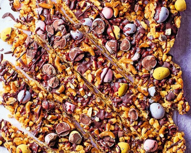 Mini eggs, chocolate and tahini Rice Krispie treats