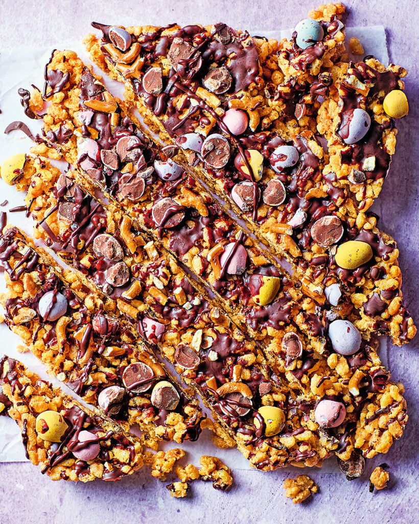 Mini eggs, chocolate and tahini Rice Krispie treats
