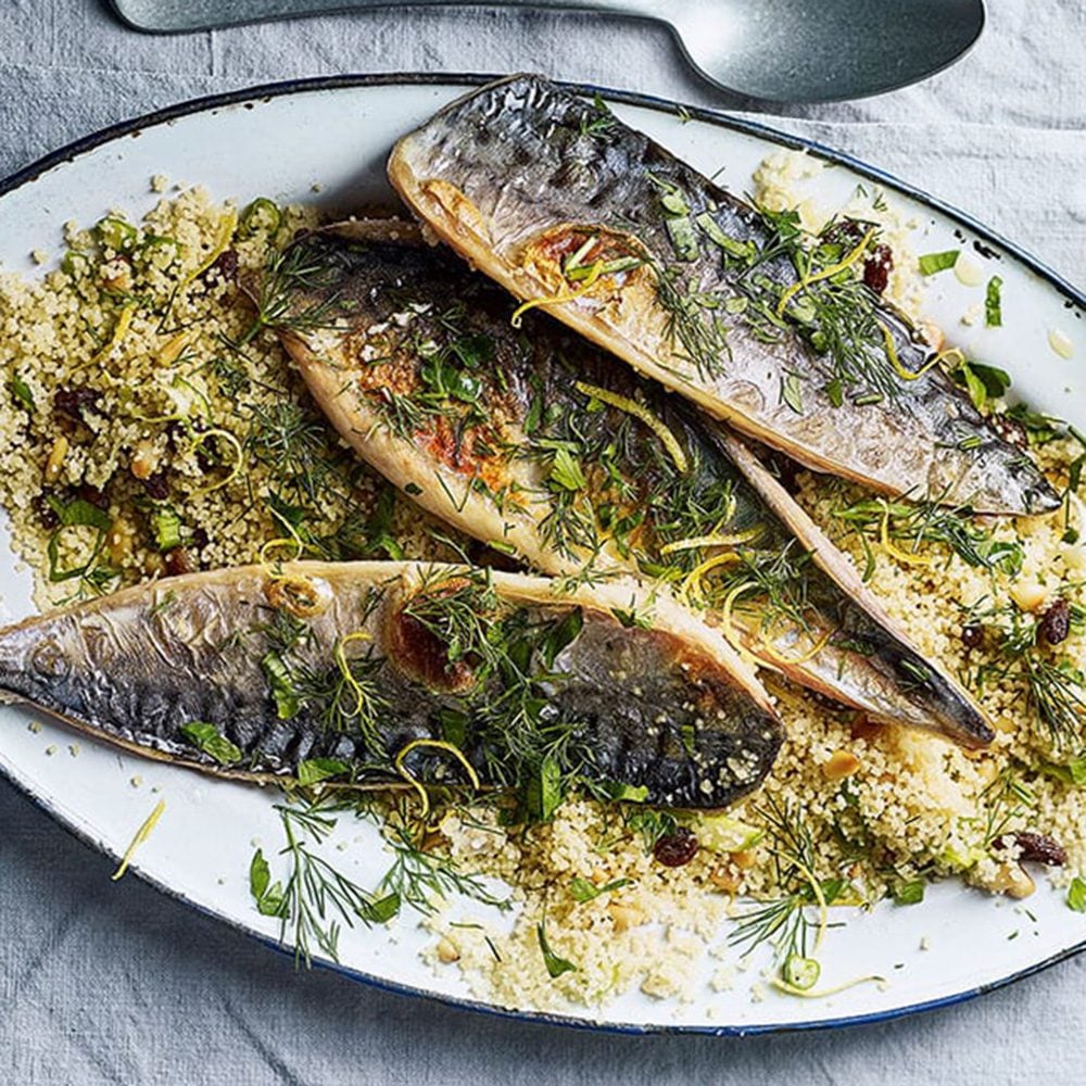 Grilled mackerel fillets on a bed of couscous