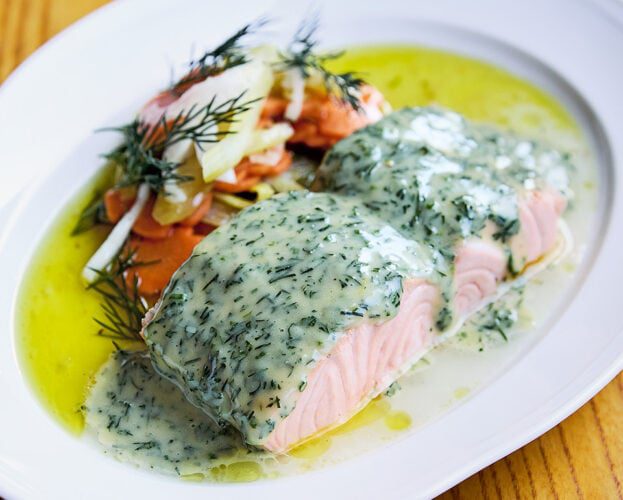 Adam Byatt’s poached salmon with herb dressing