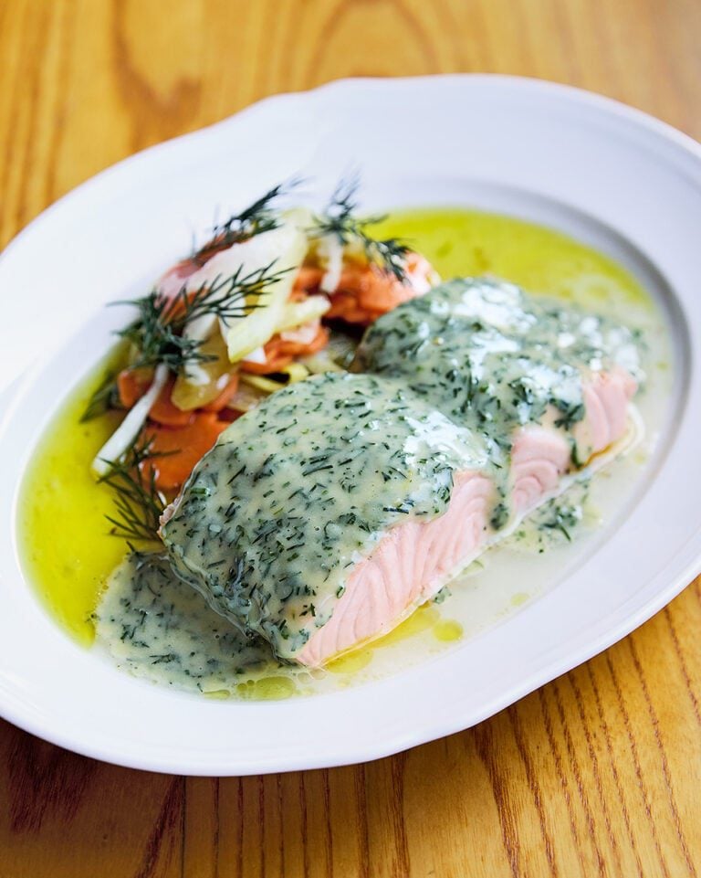 Adam Byatt’s poached salmon with herb dressing