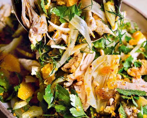Steamed chicken salad with fennel, orange and olives