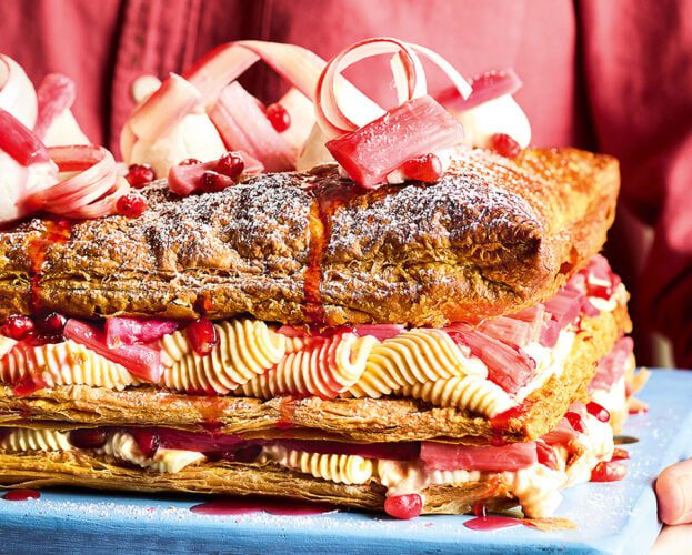 Giant rhubarb and pomegranate millefeuille