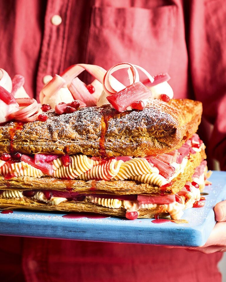 Giant rhubarb and pomegranate millefeuille