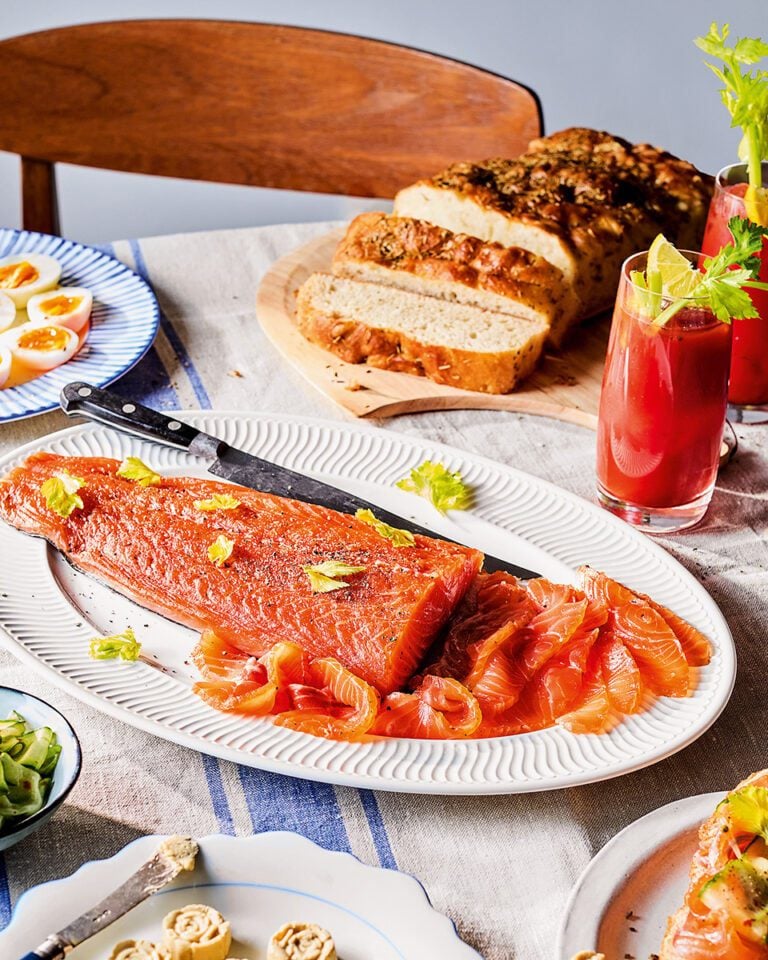 Bloody mary cured salmon brunch