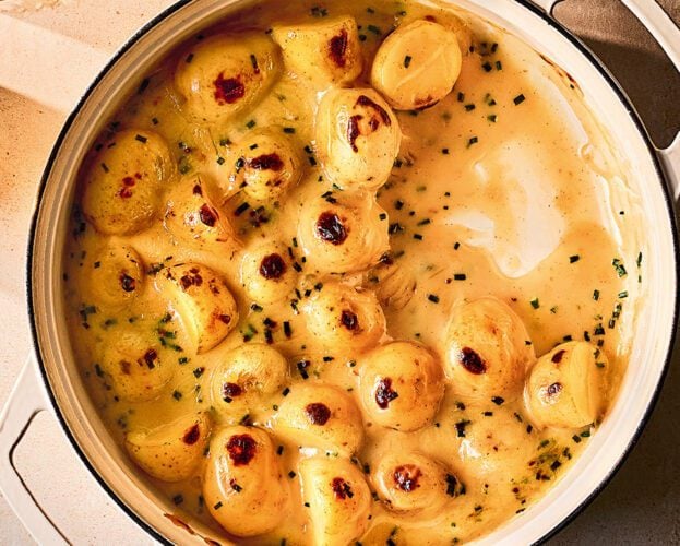 Cheesy cider rarebit new potatoes