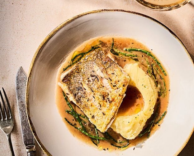 Hake with cider sauce and samphire