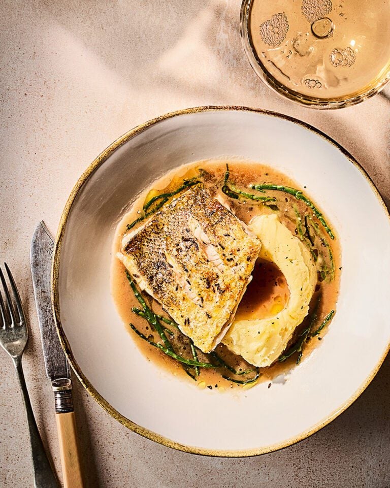 Hake with cider sauce and samphire