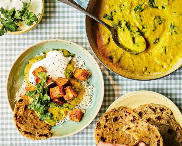 Sweet potato dal with butter bean parathas