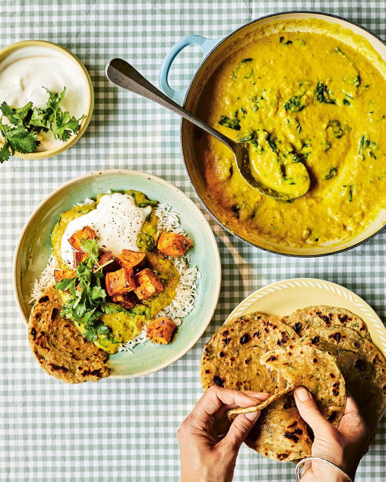 Sweet potato dal with butter bean parathas