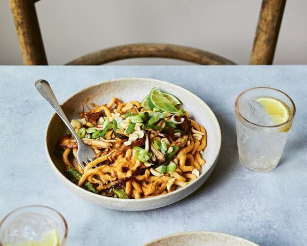 Pulled crispy mushroom udon noodles