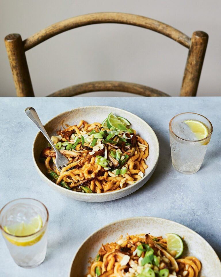 Pulled crispy mushroom udon noodles