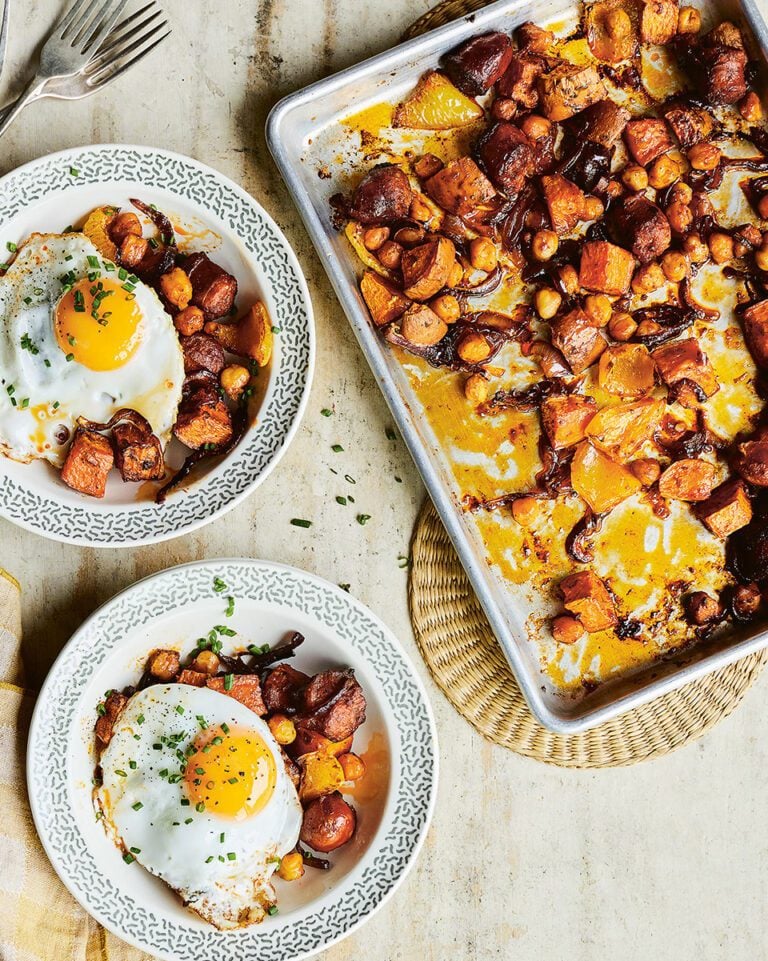 Harissa, sausage and sweet potato oven hash